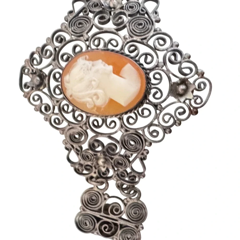 Antique 800 Silver Filigree‎ Hand Carved Cameo Bracelet